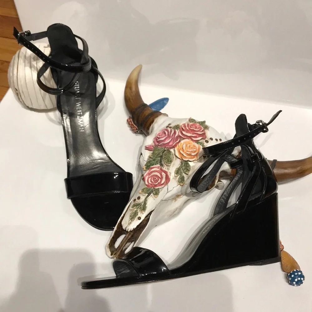 Stuart Weizmann Leather Glossy Sandals Crisscross Vintage Y2k Heels shiny 90s 8